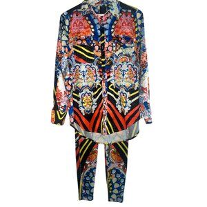 Paisley Multicolored Satin Legging Set – High-Low Button Down Top & Leggings, Si